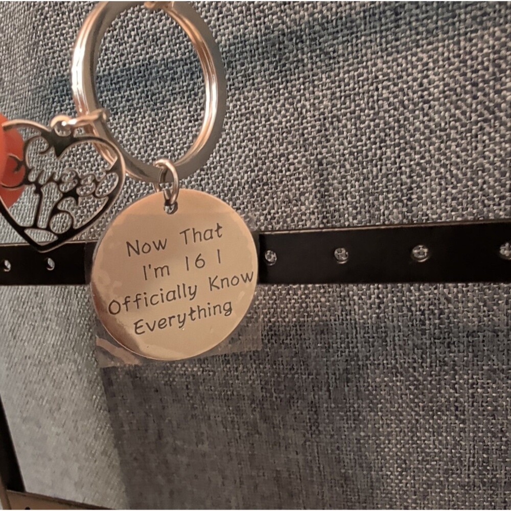 Sweet 16 Funny Keychain Silver Tone Birthday Gift ..I Officially Know Everything - Picture 14 of 16